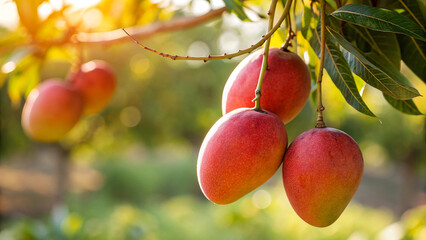 Ripe Mango hanging on tree branch in garden, Mangoes on tree in natural warm sunlight background © Sabbir Digital