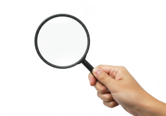 Hand holding a magnifying glass with a large round lens isolated on transparent background