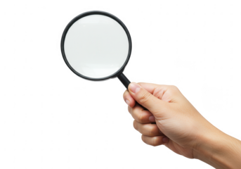 Human hand holding a magnifying glass with a dark lens against a black backdrop isolated on transparent background