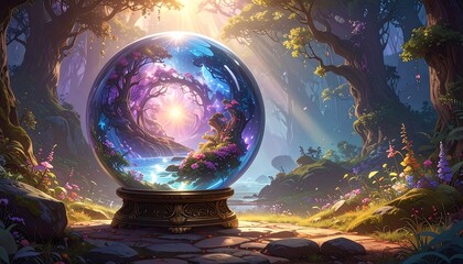 A crystal ball reveals a vibrant, sunlit fantasy forest, filled with colorful flora and trees, showcasing a magical and serene landscape.