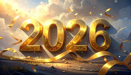 Large, golden 2026 numerals are elegantly presented against a backdrop of golden ribbons, confetti, and a soft, muted sky, evoking a celebratory mood.
