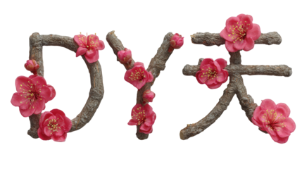 Pink Plum Blossoms Forming Japanese Characters on Dark Background