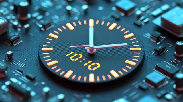 Time's Digital Gaze: A close-up view unveils a digital clock integrated seamlessly onto a technological circuit board, its hands poised in a moment of precision and showcasing timekeeping.