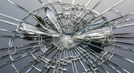 Shattered glass radiating from a central impact point, creating a radial pattern