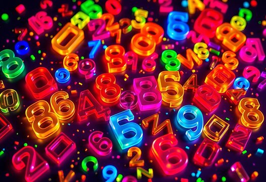 Vibrant rainbow-hued numerals scattered on a dynamic background,  spectrum,  graphic design