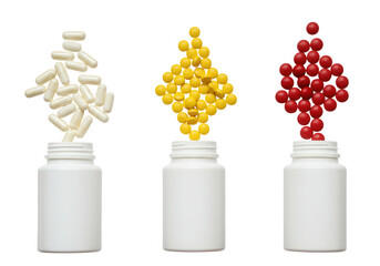 Three white bottles with white yellow and red pills spilling out in abstract shapes isolated on transparent background