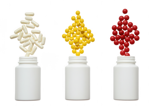 Three white bottles with white yellow and red pills spilling out in abstract shapes isolated on transparent background