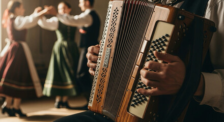 A musician playing accordion while people dance in traditional costumes.