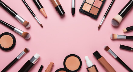 Beauty makeup cosmetics accessories flatlay pink background retail sale.