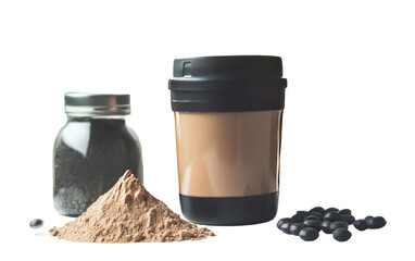 Powdered supplement and berries with a shaker bottle isolated on transparent background