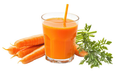 Freshly squeezed carrot juice in a glass with whole carrots and green tops isolated on transparent background