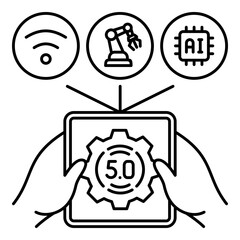 Hands Holding a Tablet with a Gear and Connected to Icons for Wireless Connectivity, a Robotic Arm, and an AI Chip, Representing the Seamless Integration of Smart Technology, Automation, and AI.