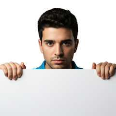 Young man holding a white blank sign in front of him isolated on transparent background