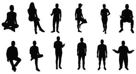 Diverse group of people silhouettes in various poses and activities