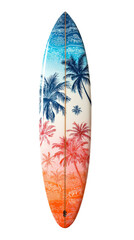 Surfboard's Tropical Dream: This surfboard shows the tranquil tropical paradise, with ocean, sun, and palm, designed to bring the viewer into the moment to capture the beauty of the sport