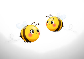 Two Cute Yellow Cartoon Bees Flying Over Soft White Gradient Background