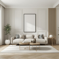 A 3D illustration of a living room interior with modern furniture and poster frame, showcasing a modern interior design.
