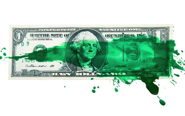 Us dollar bill splattered with bright green paint isolated on transparent background