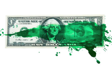 Us dollar bill splattered with bright green paint isolated on transparent background