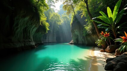A tranquil turquoise river flows through a lush, sunlit canyon, framed by towering, rocky walls and vibrant tropical plants.