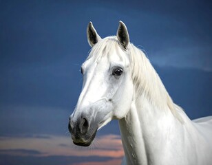 A close-up portrait of a majestic white horse against a dramatic twilight sky, showcasing its striking beauty and the subtle hues of the setting sun.