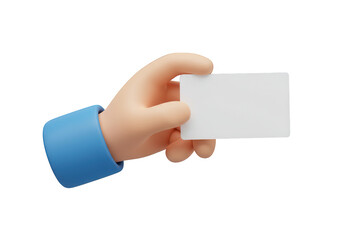 Cartoon hand in blue sleeve holding a blank white business card isolated on transparent background
