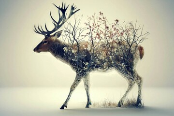 Captivating fusion of wildlife and nature through a double exposure of a red deer and plants.
