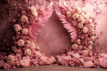 Unique photography backdrop showcasing a blend of floral elements and angelic motifs.
