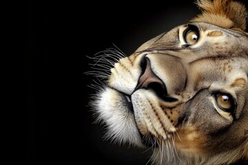 Intense close-up of a lion's face against a dark backdrop.