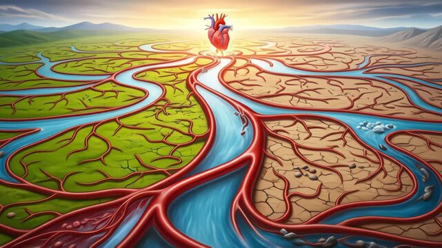A surreal landscape where a heart pumps life through a river system of arteries and veins, contrasting a lush, vibrant world with a dry, barren one