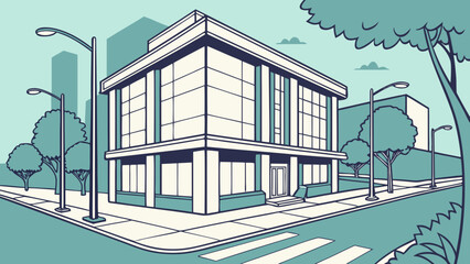 Modern building on a city street corner with trees and streetlights © Morjina