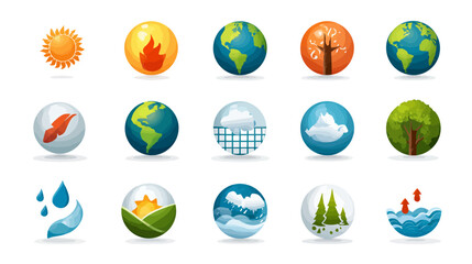 Global warming climate change icons set.
