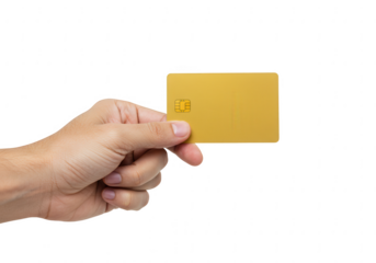 Human hand holding a blank golden credit card or business card isolated on transparent background