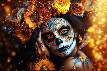 Vibrant sugar skull adorned with colorful flowers.