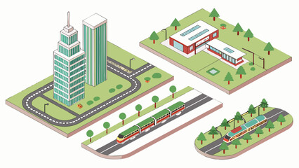 Isometric cityscape with trains and modern buildings