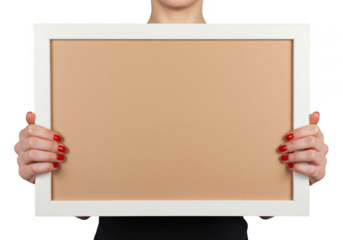 Person holding a blank white picture frame with a brown insert isolated on transparent background