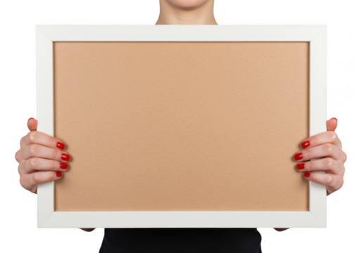 Person holding a blank white picture frame with a brown insert isolated on transparent background