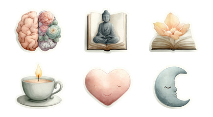 Artistic Collection of Isolated Elements Featuring Brain, Buddha, Candle, and Moon