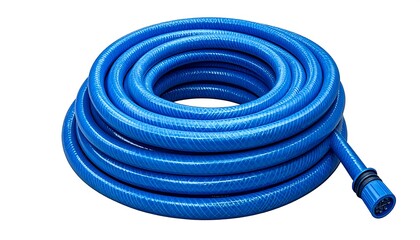 Coiled blue garden hose