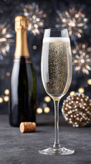 Festive glass of golden champagne with sparkling bubble and bottle in background. celebratory scene for New Year with fireworks and holiday decoration for happy toast