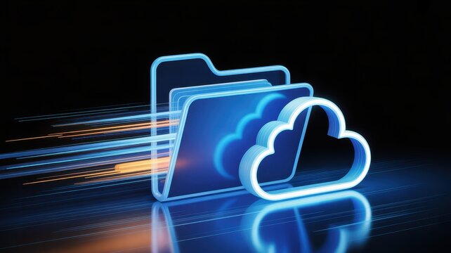 Digital Cloud Storage: Visual representation of data storage and access, the image features illuminated folder icons integrated with a cloud symbol.
