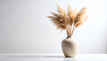 Naklejka premium Elegant Pampas Grass Arrangement in a Minimalist Ceramic Vase on a White Surface