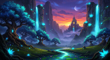 Beautiful fantasy landscape. Magical, fabulous neon glow.