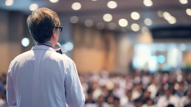 Doctor addresses an engaged audience at a science conference in a spacious venue during a notable medical symposium