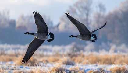 Two Canada geese soar gracefully through a frosty winter landscape.