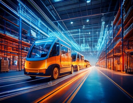 Futuristic autonomous vehicles in a high-tech warehouse environment - Powered by Adobe