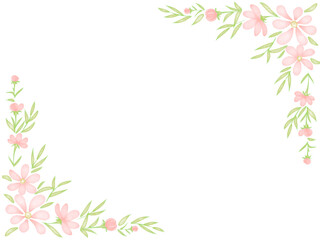 水彩でラフに描いたピンクの花のボタニカルフレームイラスト
