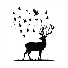  Deer looking back as birds fly behind it vector silhouette outline logo design concept illustration