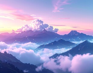 Epic mountain scenery with clouds and a colorful sunset in the sky