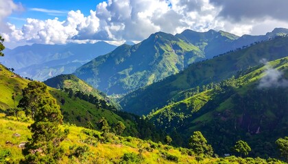 Fototapeta premium Serene Mountain Valley Landscape with Lush Greenery
